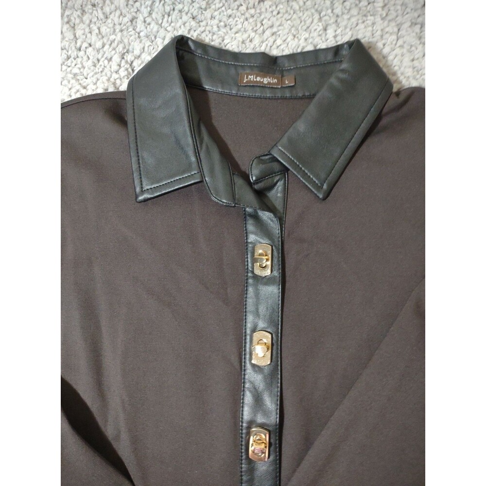 J McLaughlin Nadine Top Sz M Brown Faux Leather Collar Contemporary Stretch - Picture 3 of 16